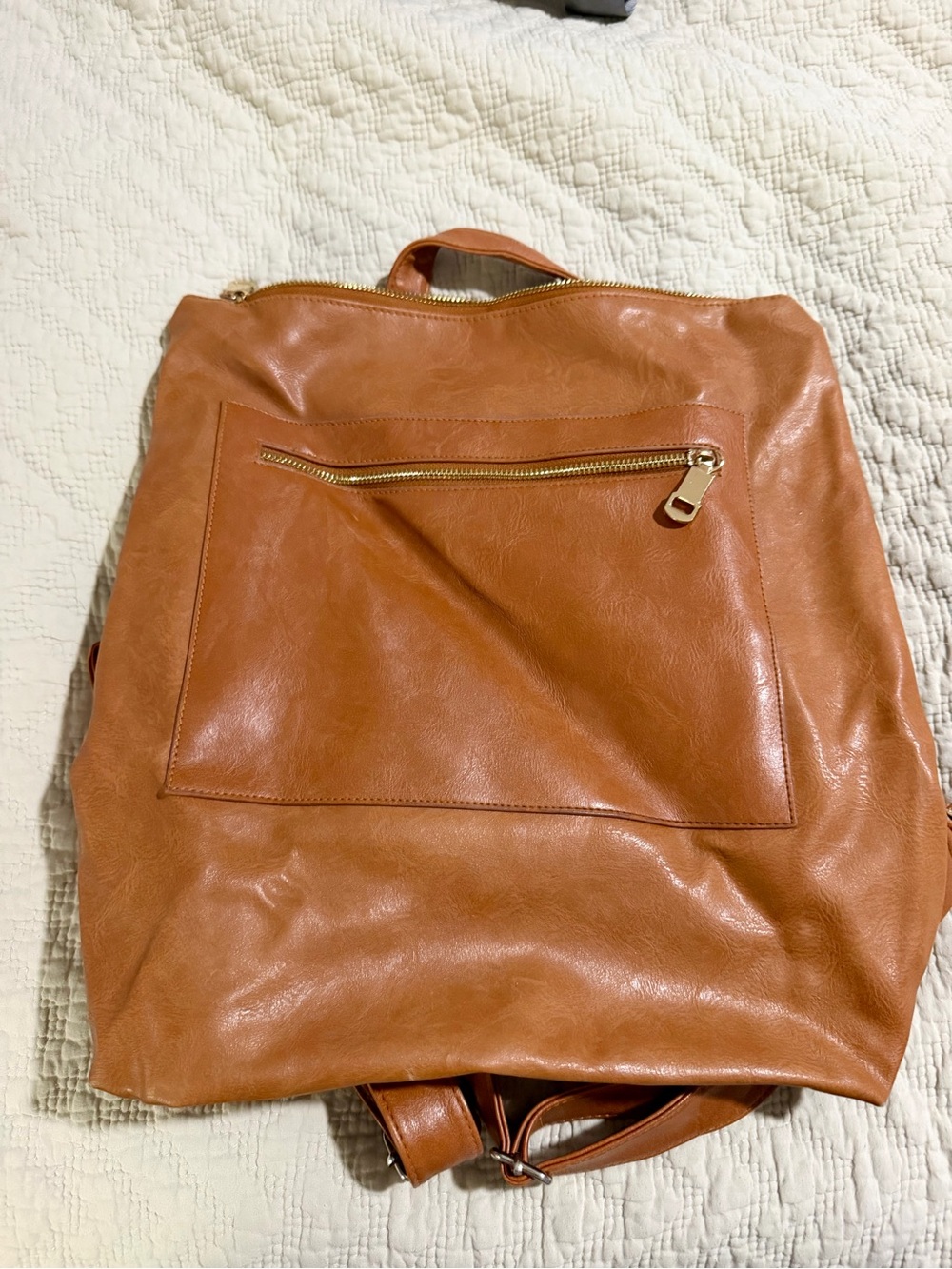 Modern + Chic Cognac Brown Faux Leather Backpack | Gold Hardware